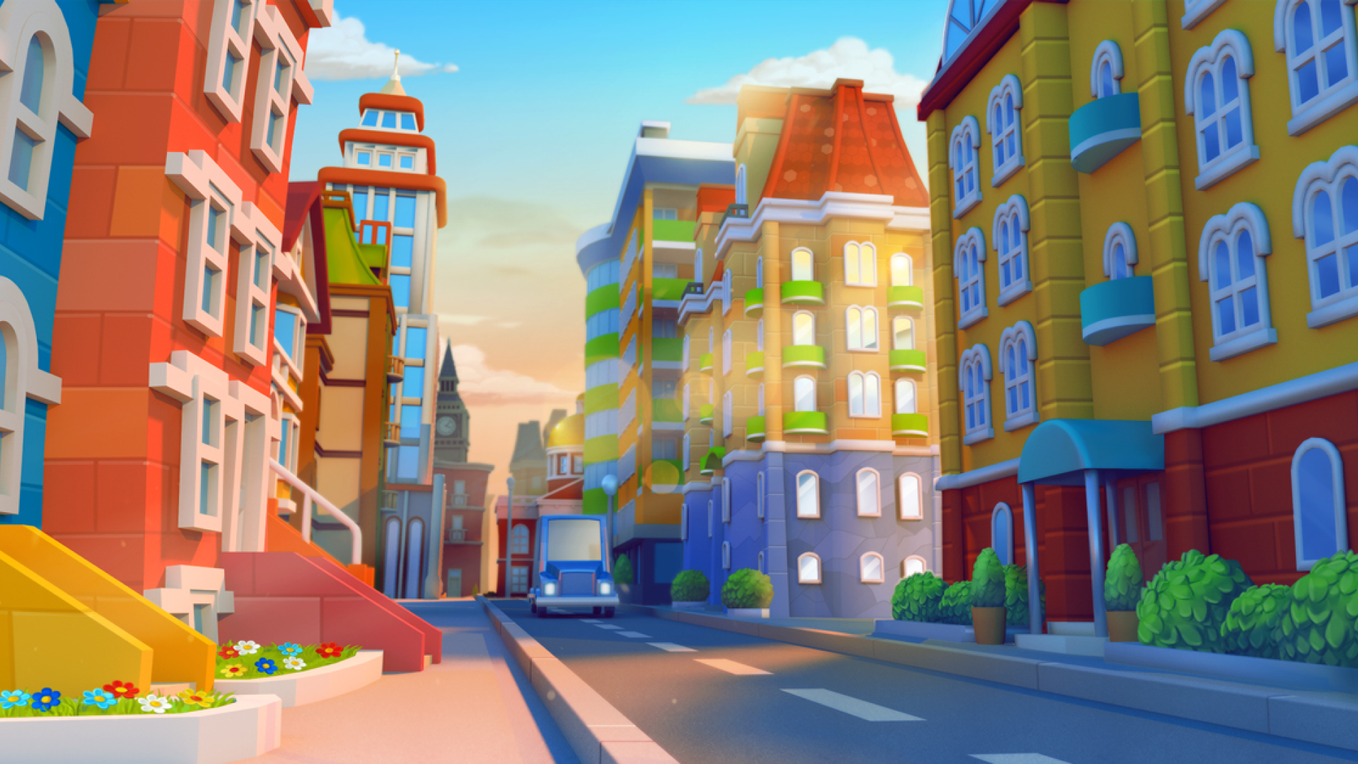 Colourful stylised 3D city environment